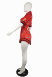 Rotes Mode-beiläufiges Druck-grundlegendes Turndown-Kragen-Hemd-Kleid
