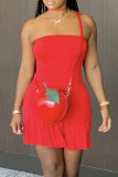 Красное модное сексуальное однотонное платье с открытой спиной и воланом без бретелек без рукавов
