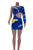 Blue Fashion Sexy Print Hollowed Out Backless Oblique Collar Long Sleeve Dresses