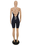 Deep Blue Sexig Solid Backless Spaghetti Strap Skinny Rompers