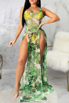 Grönt sexigt tryck med hög öppning fyrkantig krage oregelbunden klänning