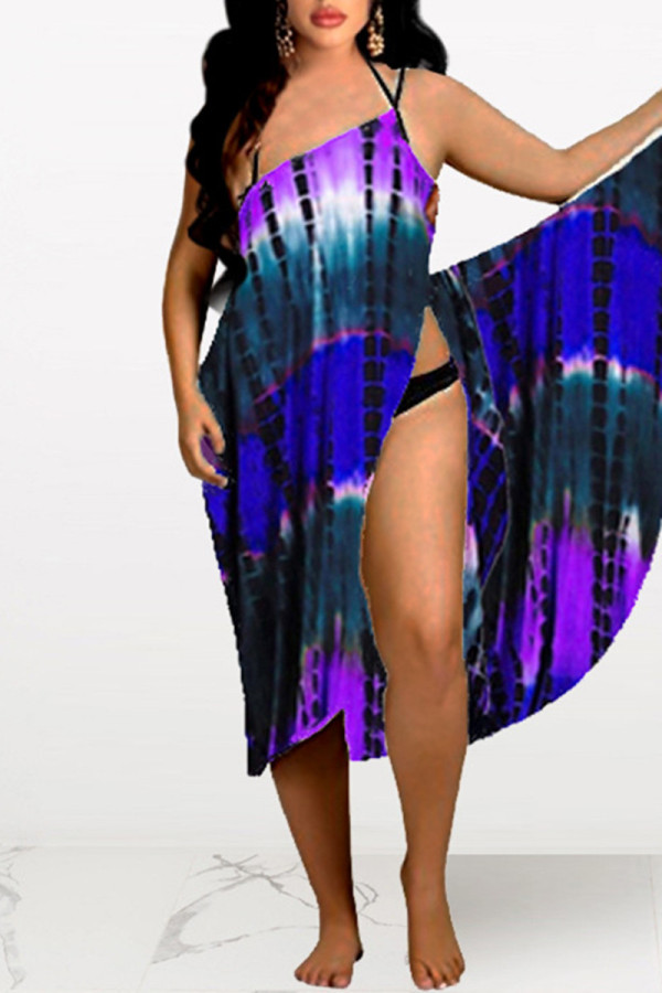 Фиолетовое модное сексуальное пляжное платье с открытой спиной и принтом тай-дай