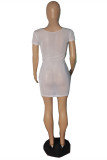 White Sexy Solid Hollowed Out Patchwork See-through O Neck Short Sleeve Dress Dresses