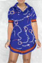 Blaues, modisches, lässiges, bedrucktes, einfaches Hemdkleid mit Umlegekragen