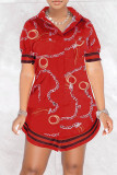 パープルファッションカジュアルプリントベーシックターンダウンカラーシャツドレス