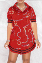 レッドファッションカジュアルプリントベーシックターンダウンカラーシャツドレス