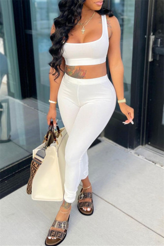 White Casual Sportswear Solid Backless Boat Neck Sleeveless Two Pieces