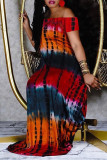 Mehrfarbiges, modisches, lässiges, rückenfreies, schulterfreies, kurzärmliges Kleid mit Batikmuster