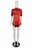 Rotes Mode-beiläufiges Druck-grundlegendes Turndown-Kragen-Hemd-Kleid