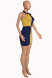 黄色のセクシーなカジュアルプラスサイズのパッチワークジッパーノースリーブドレス