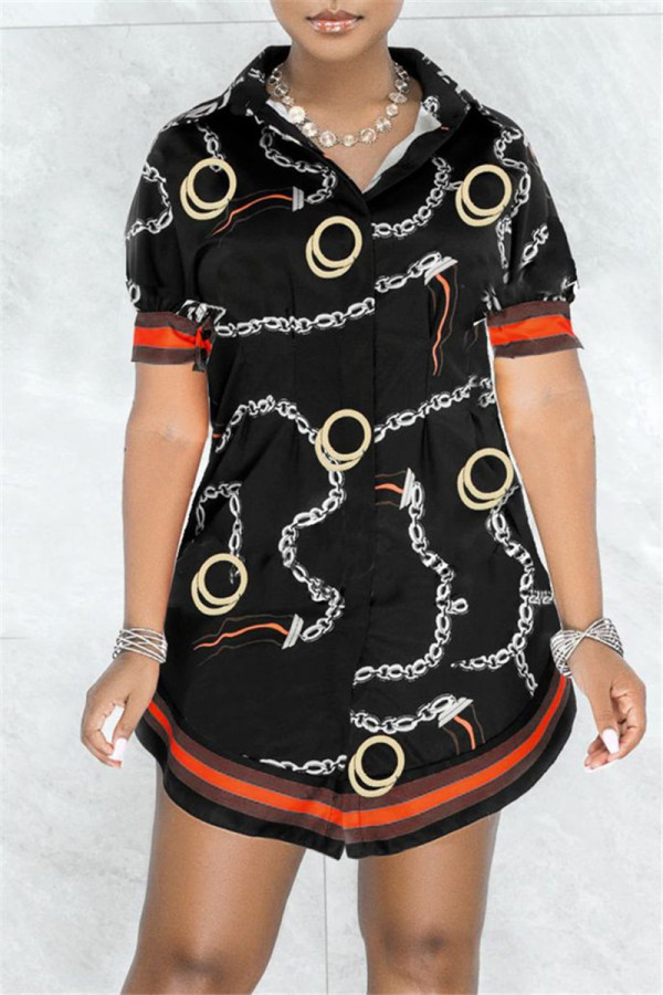 Schwarzes, modisches, lässiges, bedrucktes Basic-Hemdkleid mit Umlegekragen