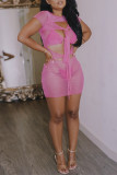 Розовое сексуальное сплошное выдолбленное лоскутное прозрачное платье с круглым вырезом и коротким рукавом Платья