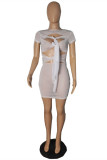 Pink Sexy Solid Hollowed Out Patchwork See-through O Neck Short Sleeve Dress Dresses