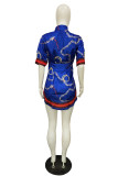 Blue Fashion Casual Print Basic Turndown Collar Shirt Dress