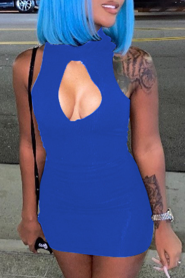 ブルーのセクシーなソリッドホローアウトホルターペンシルスカートドレス