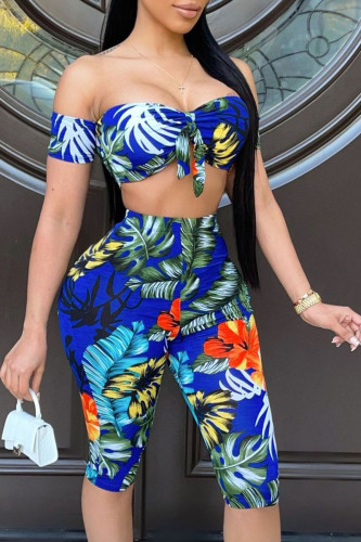 Blue Sexy Print Patchwork Off the Shoulder Short Sleeve Two Pieces