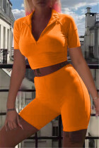 Оранжевый модный повседневный однотонный базовый отложной воротник с коротким рукавом из двух частей