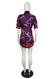 Purple Fashion Casual Print Basic Turndown Collar Shirt Dress
