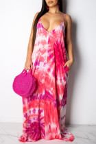 Pink Casual Off The Shoulder Sleeveless Slip Swagger Floor-Length Print Patchwork