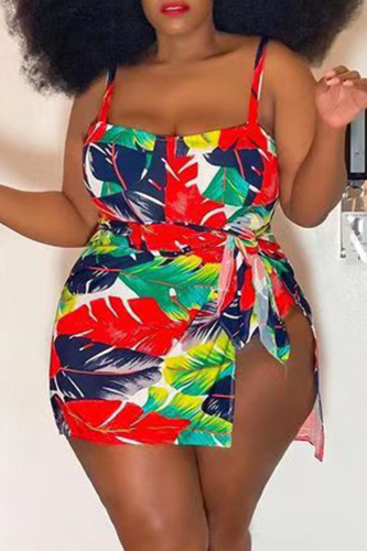 Red Sexy Print Split Joint Spaghetti Strap Plus Size Swimwear