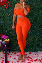 Oranje Mode Sexy Effen Uitgehold Uit de Schouder Korte Mouw Twee Stukken