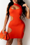 Vestido sin mangas con cuello en O ahuecado sólido sexy de moda naranja