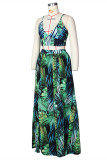 Green Fashion Sexy Print Backless Slit V Neck Sleeveless Two Pieces