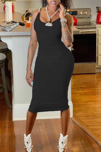 Черное модное сексуальное однотонное платье с открытой спиной и круглым вырезом на бретелях