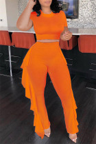 Arancione Moda Casual Solido Patchwork O Collo Manica Corta Due Pezzi