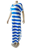 Blauwe mode casual gestreepte print spleet v-hals jurk met korte mouwen