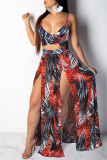 Red Fashion Sexy Print Backless Slit V Neck Sleeveless Two Pieces