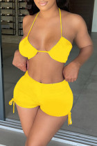 Mode jaune sexy solide dos nu licou sans manches deux pièces