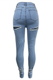 Голубые модные повседневные однотонные рваные джинсы с высокой талией и обычной талией