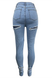 Light Blue Fashion Casual Solid Ripped High Waist Regular Jeans