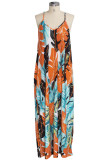 Blue Sexy Fashion Casual Spaghetti Strap Sleeveless Slip A-Line Floor-Length Patchwork Print as