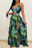 Blue Fashion Sexy Print Backless Slit V Neck Sleeveless Two Pieces