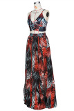Red Fashion Sexy Print Backless Slit V Neck Sleeveless Two Pieces