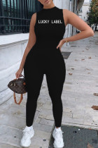 Черные узкие комбинезоны с круглым вырезом и круглым вырезом с вышивкой в ​​стиле casual Sportswear