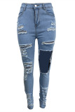 Light Blue Fashion Casual Solid Ripped High Waist Regular Jeans