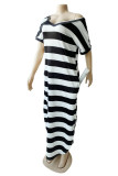 Blue Fashion Casual Striped Print Slit V Neck Short Sleeve Dress