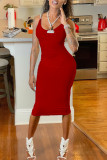 Красное модное сексуальное однотонное платье с открытой спиной и круглым вырезом на бретелях