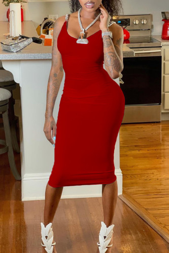 Vestido de tirantes con cuello en O sin espalda sólido sexy de moda roja