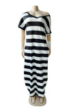 Black Fashion Casual Striped Print Slit V Neck Short Sleeve Dress