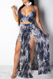 Blue Fashion Sexy Print Backless Slit V Neck Sleeveless Two Pieces