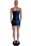 Blaues, sexy, rückenfreies, trägerloses, ärmelloses Kleid mit Patchwork-Design
