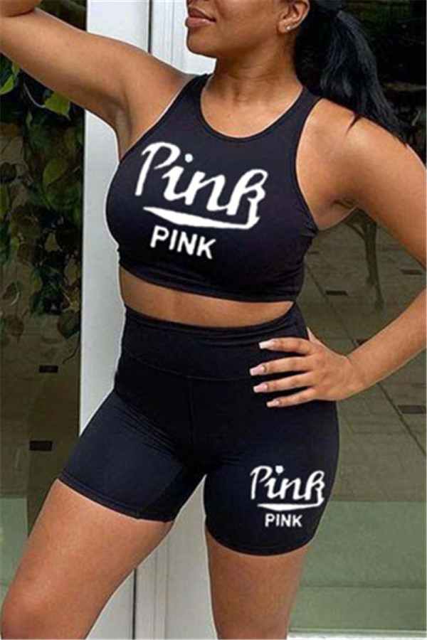 Schwarze, lässige Sportbekleidung mit Buchstabendruck, Basic O-Ausschnitt, ärmellos, zweiteilig