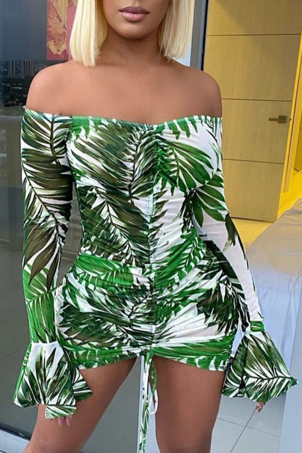 Vestidos de saia enrolados em malha transparente com estampa sexy verde