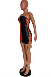 Rote Mode Sexy Patchwork rückenfreies Trägerdesign trägerloses ärmelloses Kleid
