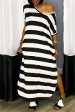 Синее модное повседневное полосатое платье с разрезом и V-образным вырезом с коротким рукавом