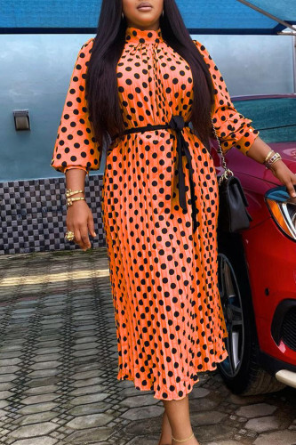 Orange Fashion Casual Dot Print Basic Turtleneck Long Sleeve Dresses